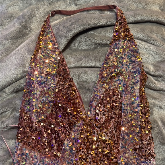 NWT Free People Glitter and Gold Sequin Pink Sweetheart Halter Velvet Slit dress - Picture 6 of 9